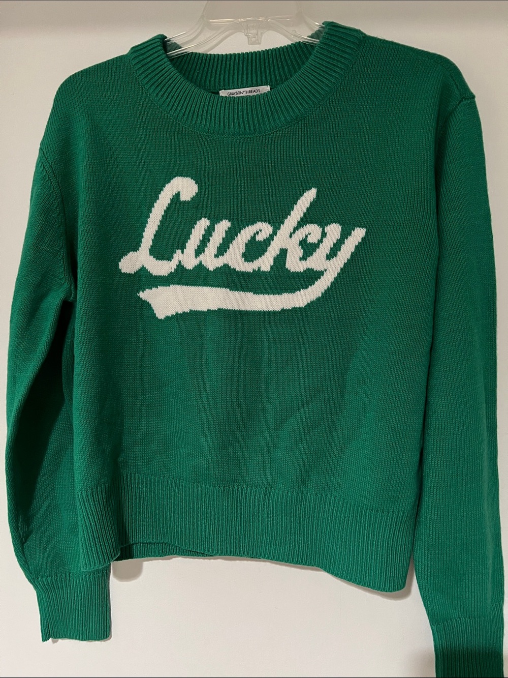 Grayson Threads Green Crewneck Sweater with White 'Lucky' Script